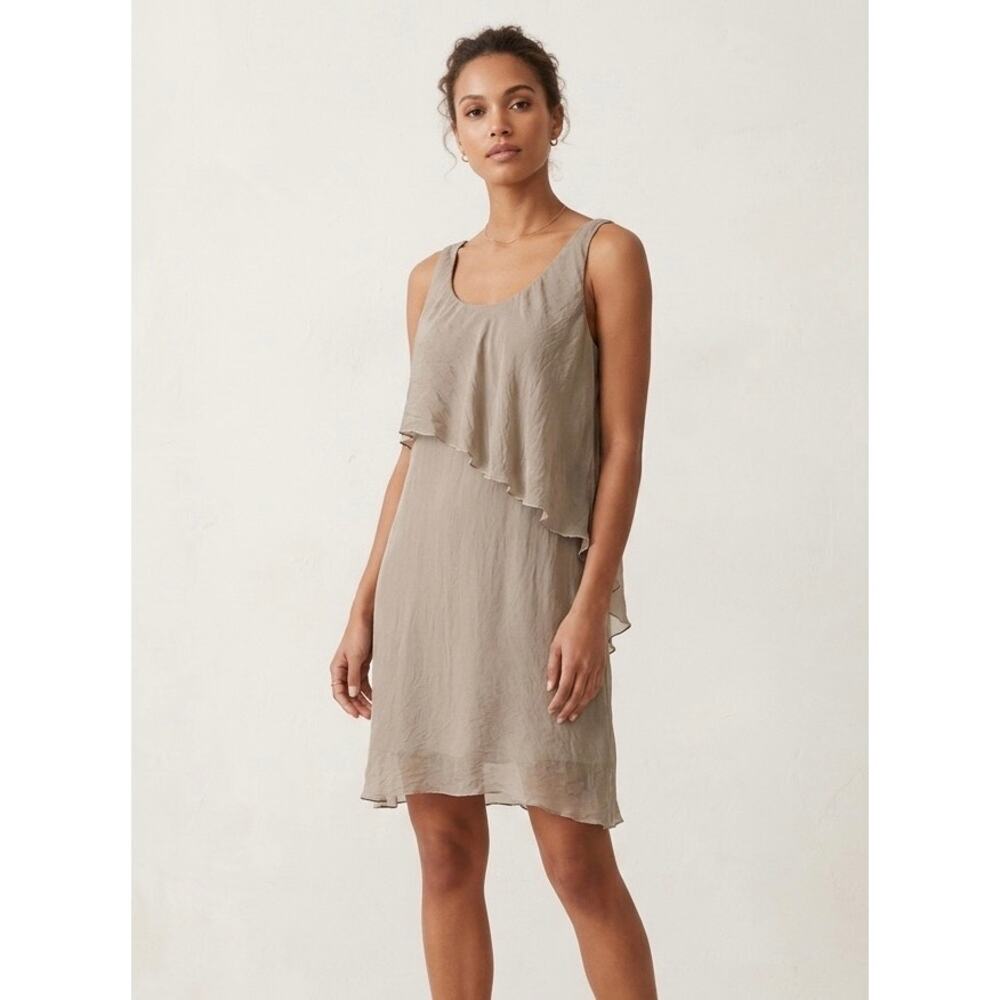 KING KONG Italy Silk Layered Dress Small S Tan Sleeveless Lagenlook Neutral